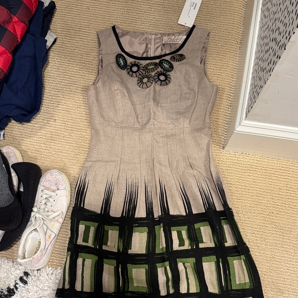 Lela Rose Beige and Green Midi Dress